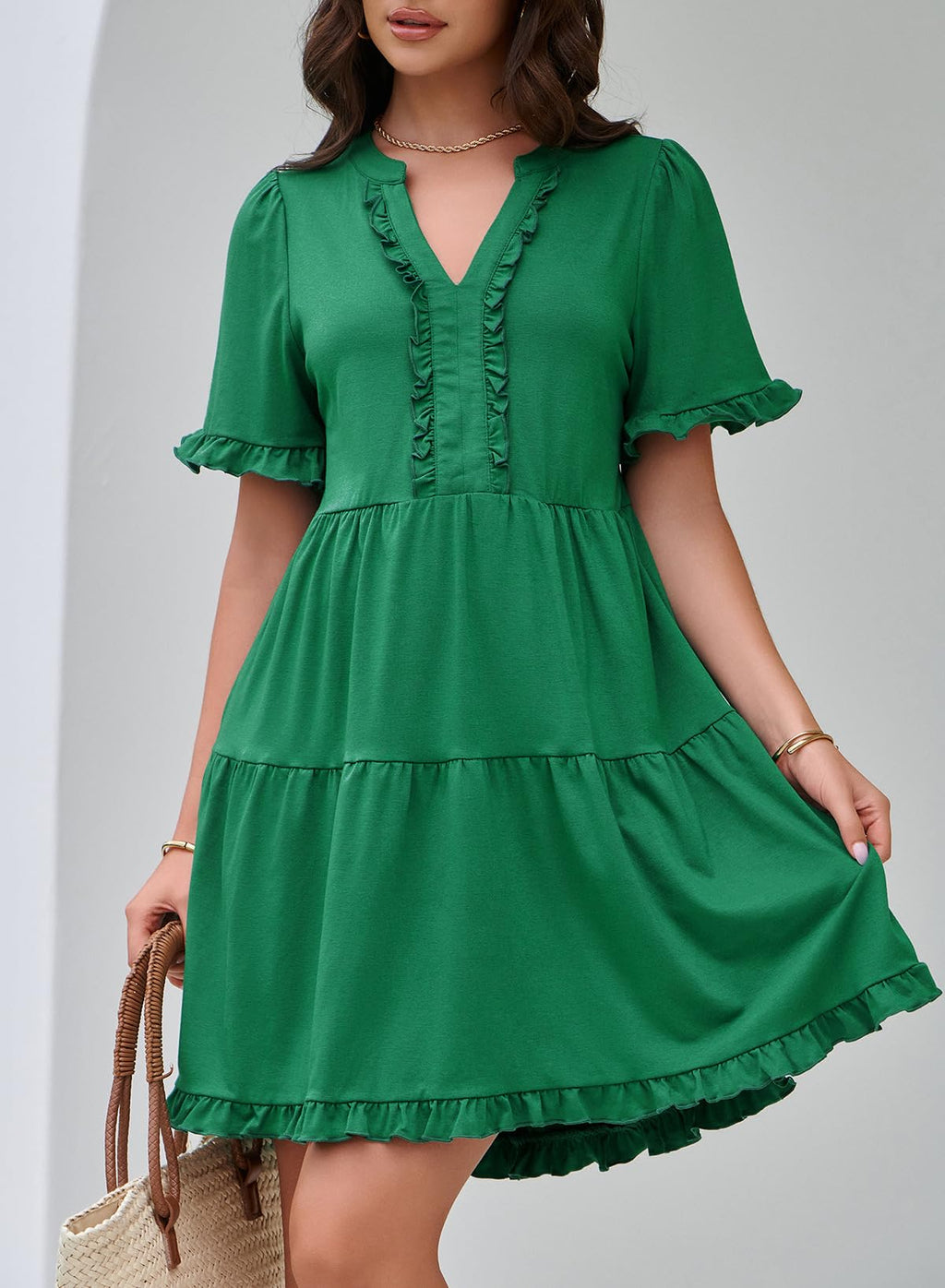 Dokotoo Summer Dresses for Women Short Sleeve V Neck Empire Waist Casual Flowy Swing Plus Size Babydoll Western Tiered Tunic A Line Dresses with Pockets Easter Kelly Green Dress L