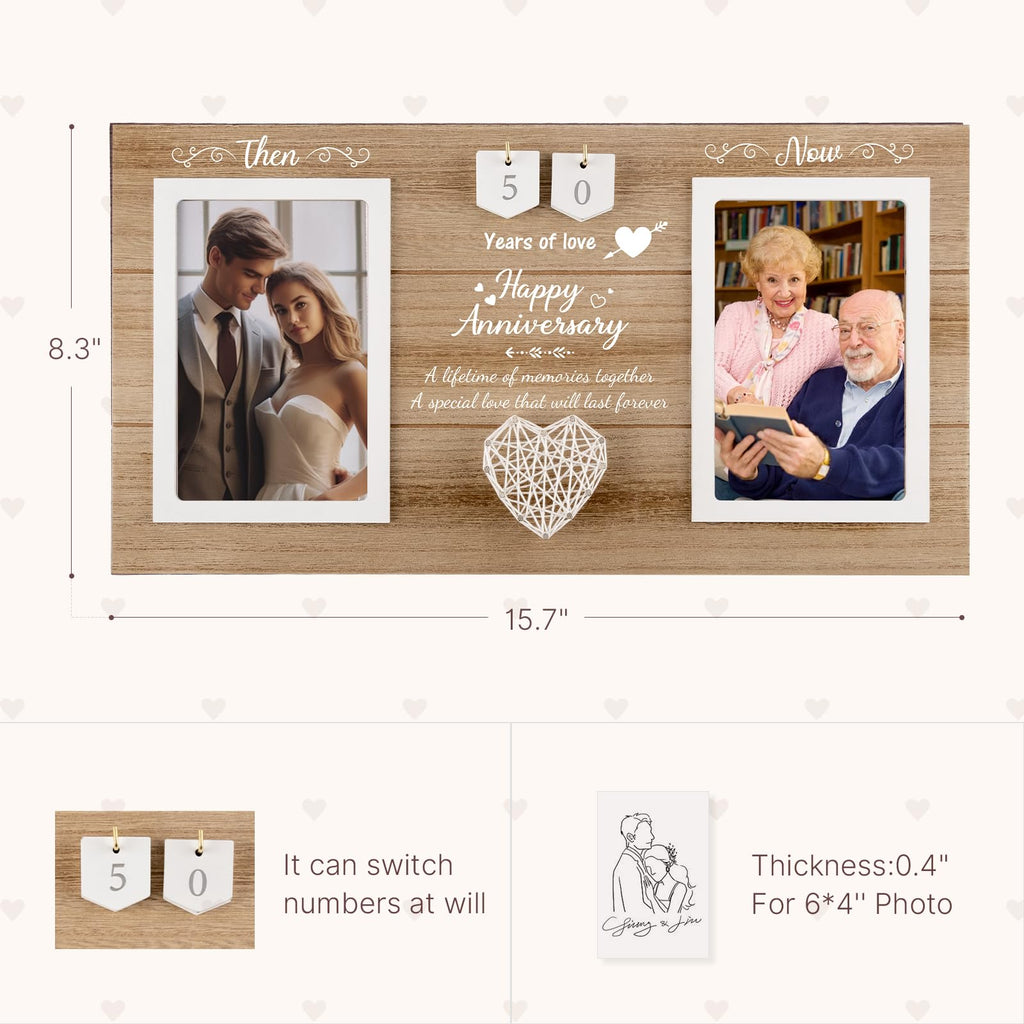 Calibron Then & Now Anniversary Wedding Gifts for Couples, Anniversary Birthday Gifts for Hers/Him, 1-99 Years Double Picture Frame, Anniversaries for Parents Women Men Photo Frame Holds 2pcs 4x6 Pictures