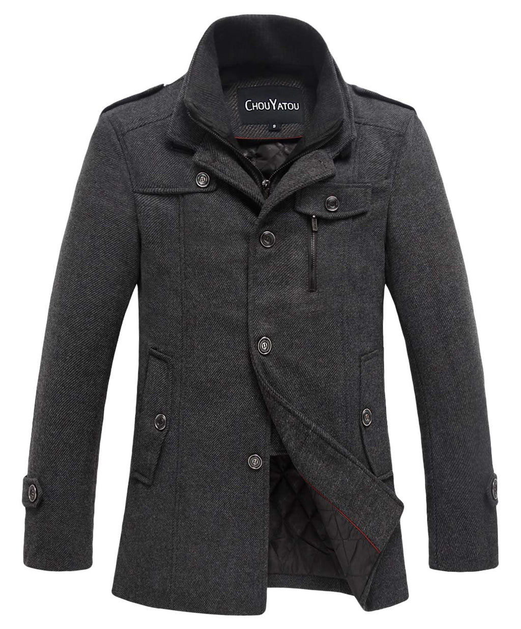 chouyatou Men's Winter Stylish Wool Blend Single Breasted Military Peacoat (Medium, Thick-Grey)