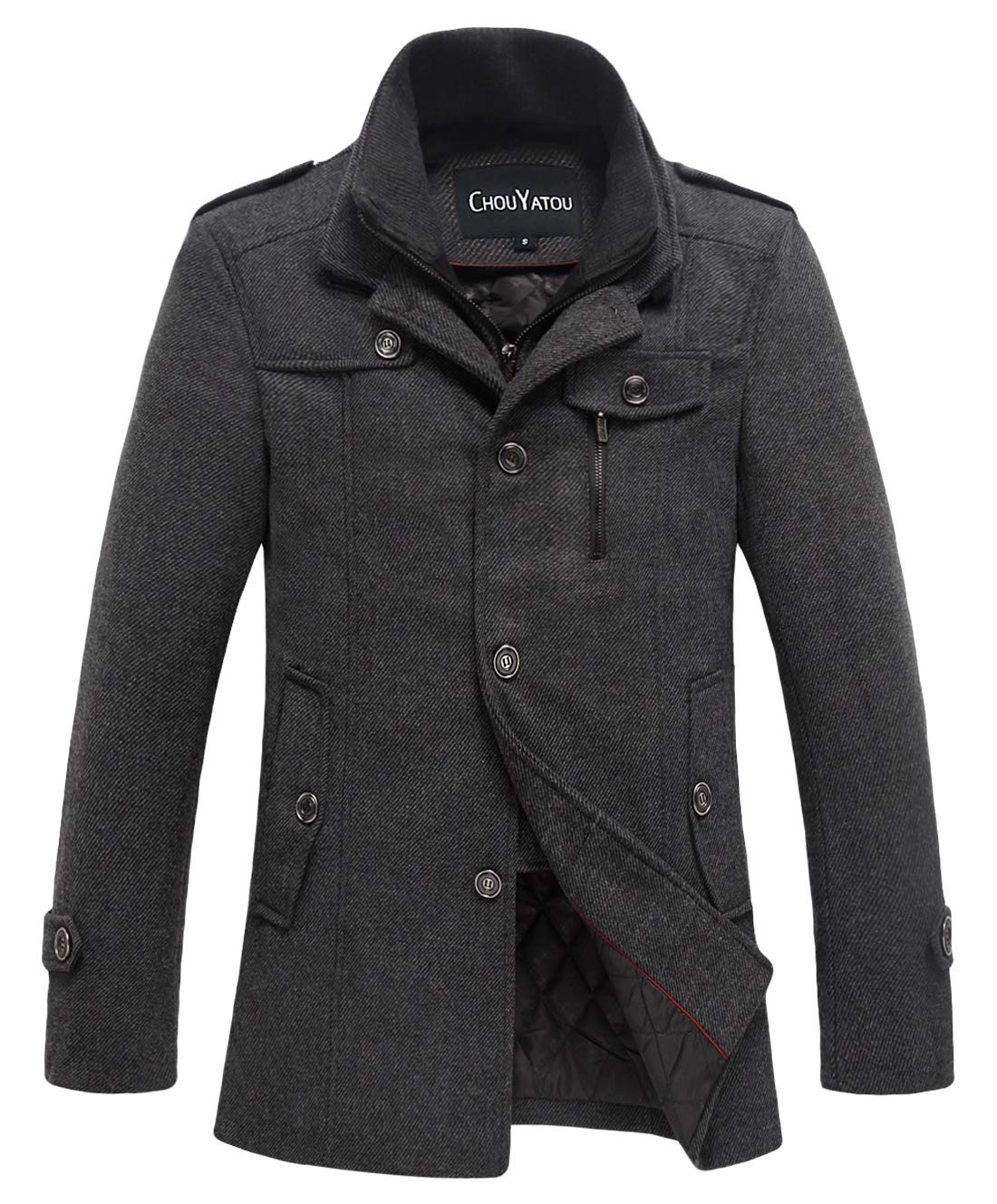 chouyatou Men's Winter Stylish Wool Blend Single Breasted Military Peacoat (Medium, Thick-Grey)