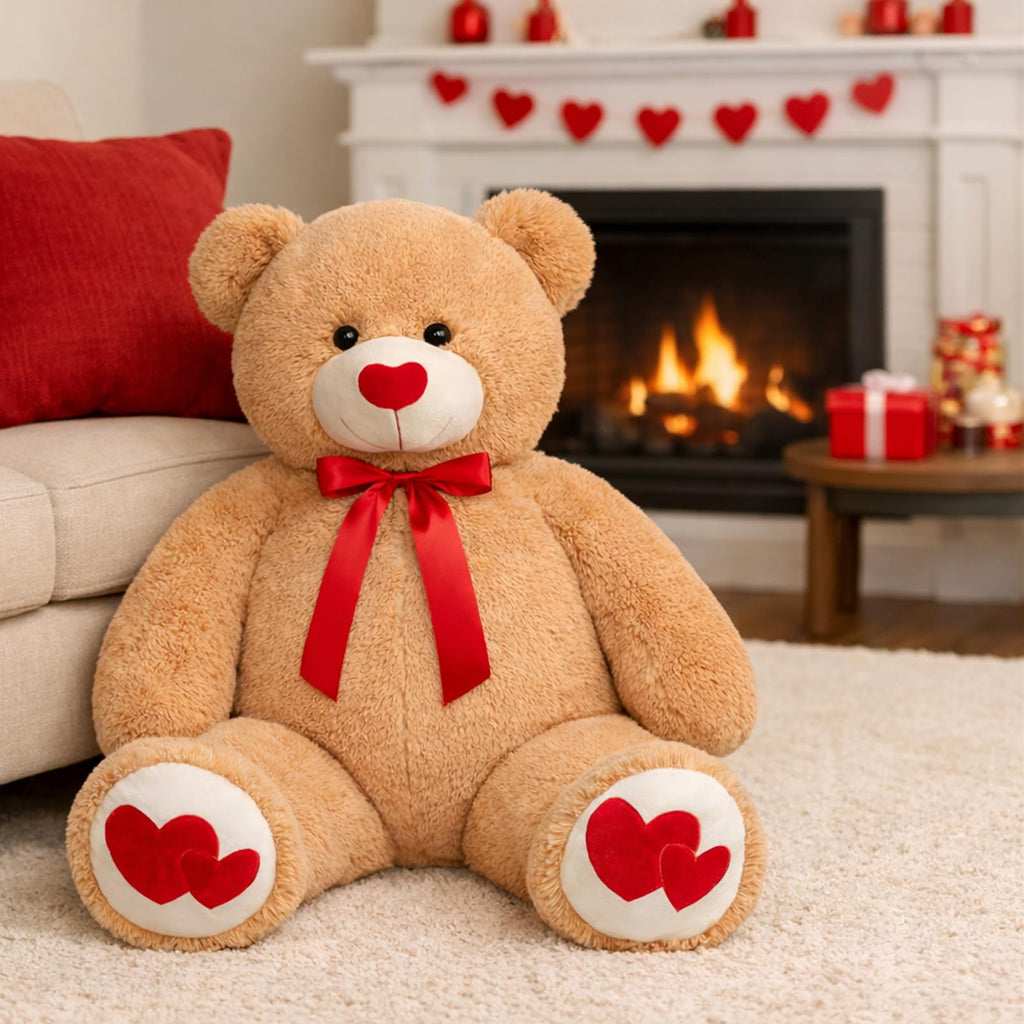 HollyHOME Big Teddy Bear Stuffed Animal Valentines Large Bear Plush with Red Heart for Girlfriend and Kids Valentines 36 inch Tan