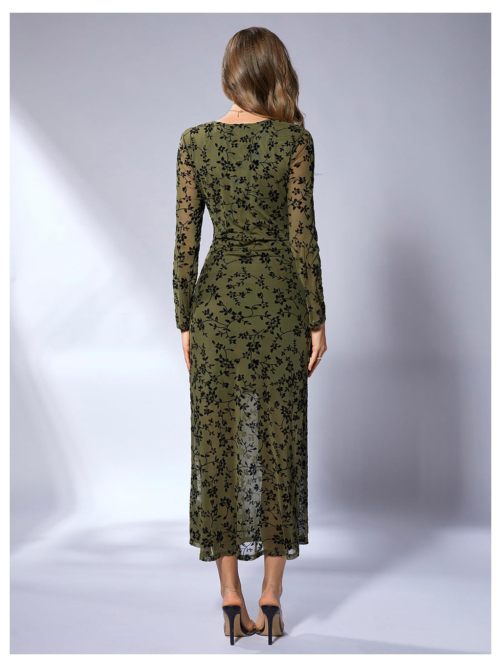 Verdusa Women's Floral Mesh Maxi Dresses Elegant Formal Long Sleeve Spring Wedding Guest Dress Cocktail Army Green Medium