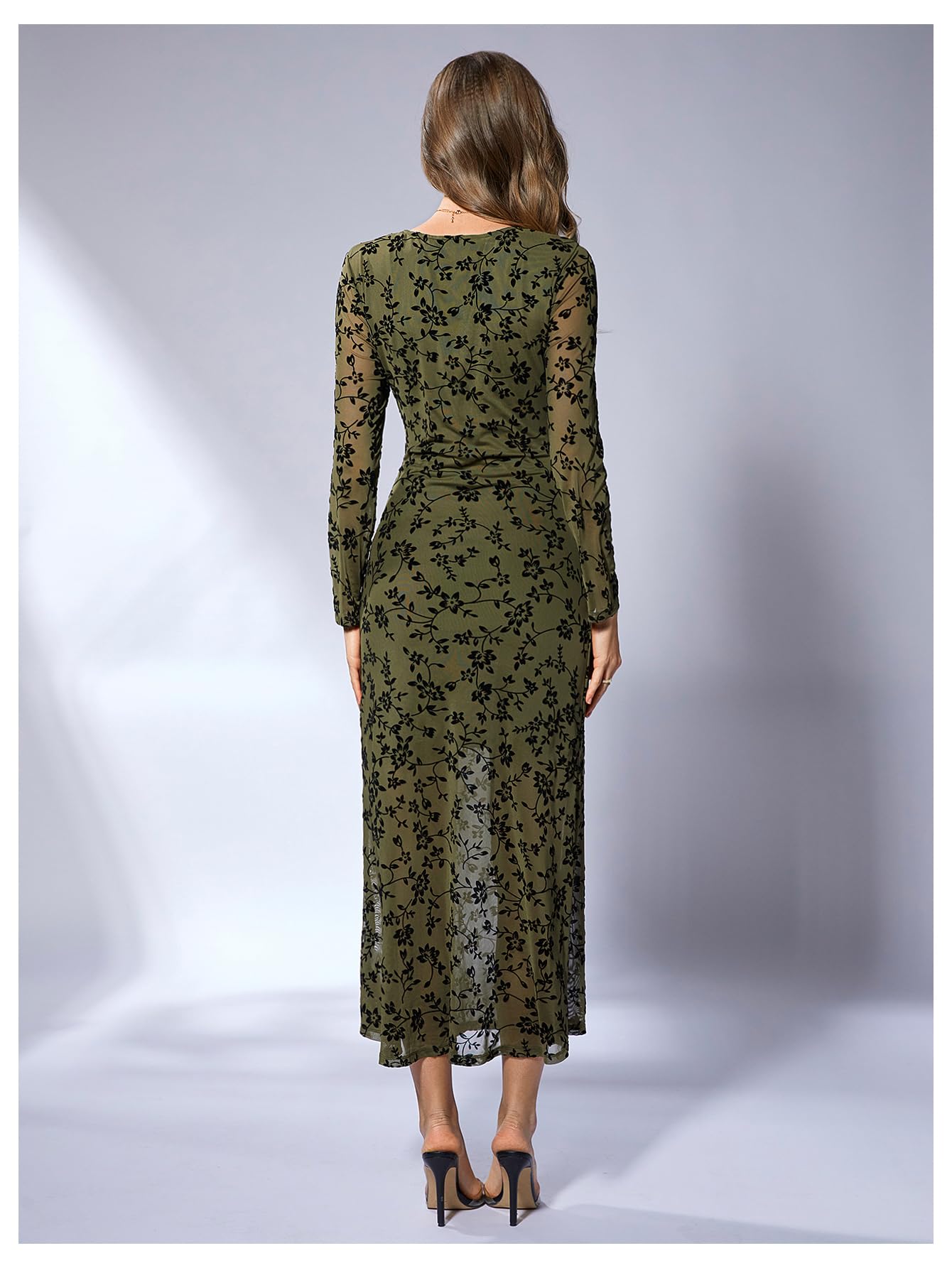 Verdusa Women's Floral Mesh Maxi Dresses Elegant Formal Long Sleeve Spring Wedding Guest Dress Cocktail Army Green Medium