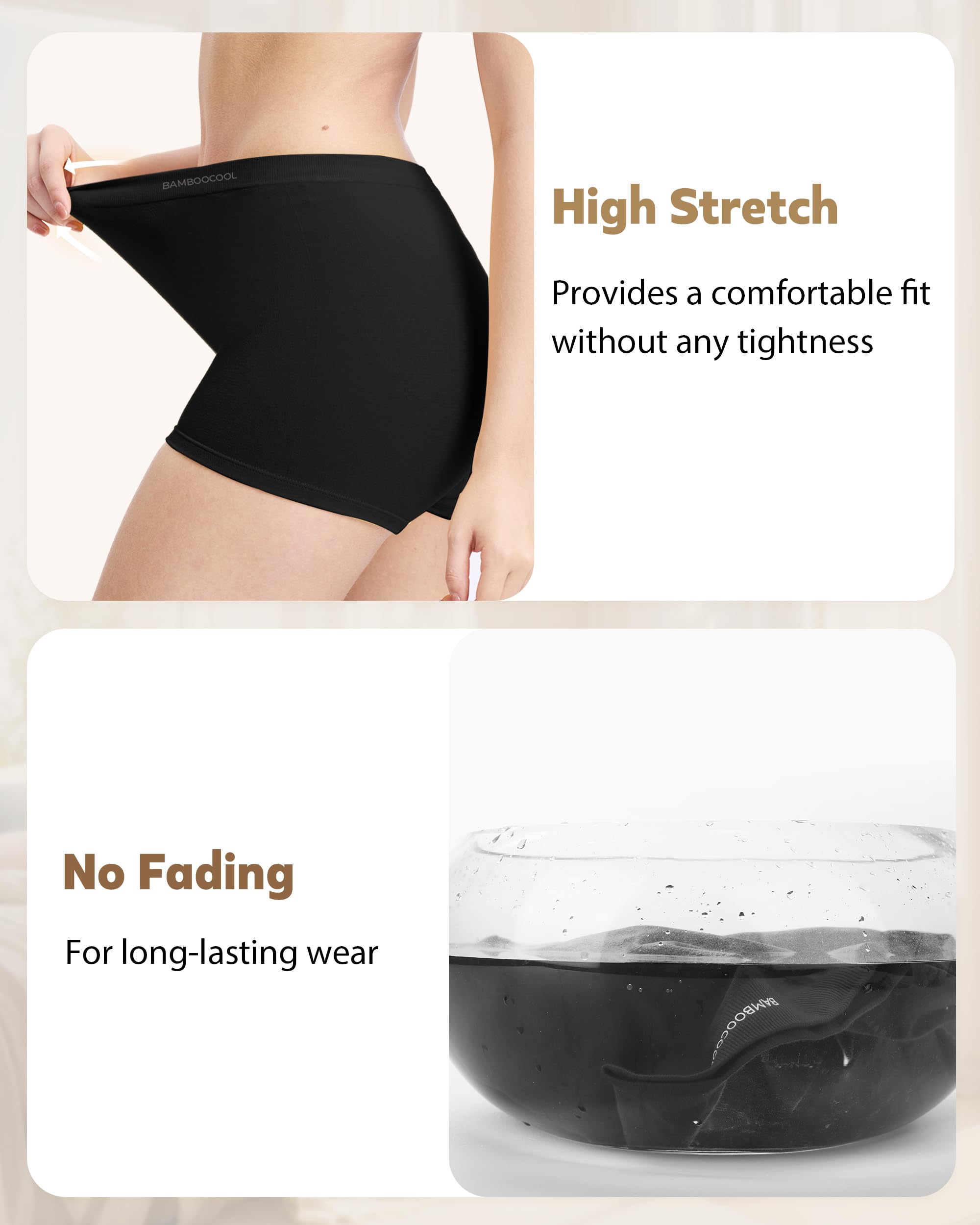 BAMBOO COOL Womens BoyShorts Underwear Seamless Boxer Briefs Mid Waist Full Coverage Moisture Wicking Ladies Panties 5 Pack