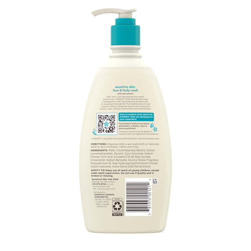 Aveeno Kids Face & Body Wash for Sensitive Skin, Oat Extract, Tear-Free, Non-Drying, Light Scent, Pump Dispenser, Hypoallergenic, Sulfate & Dye Free, 18 fl oz