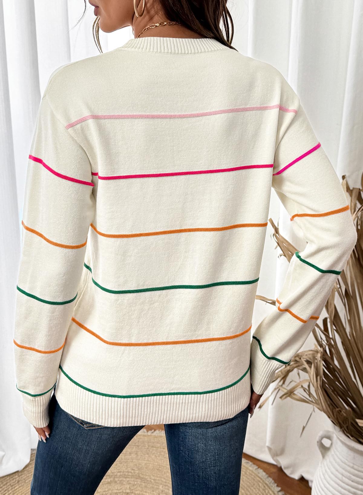 SHEWIN Sweaters for Women Crew Neck Womens Fall Tops Casual Striped Sweater Women Lightweight Womens Tops Dressy Casual Fall Clothes White XX-Large