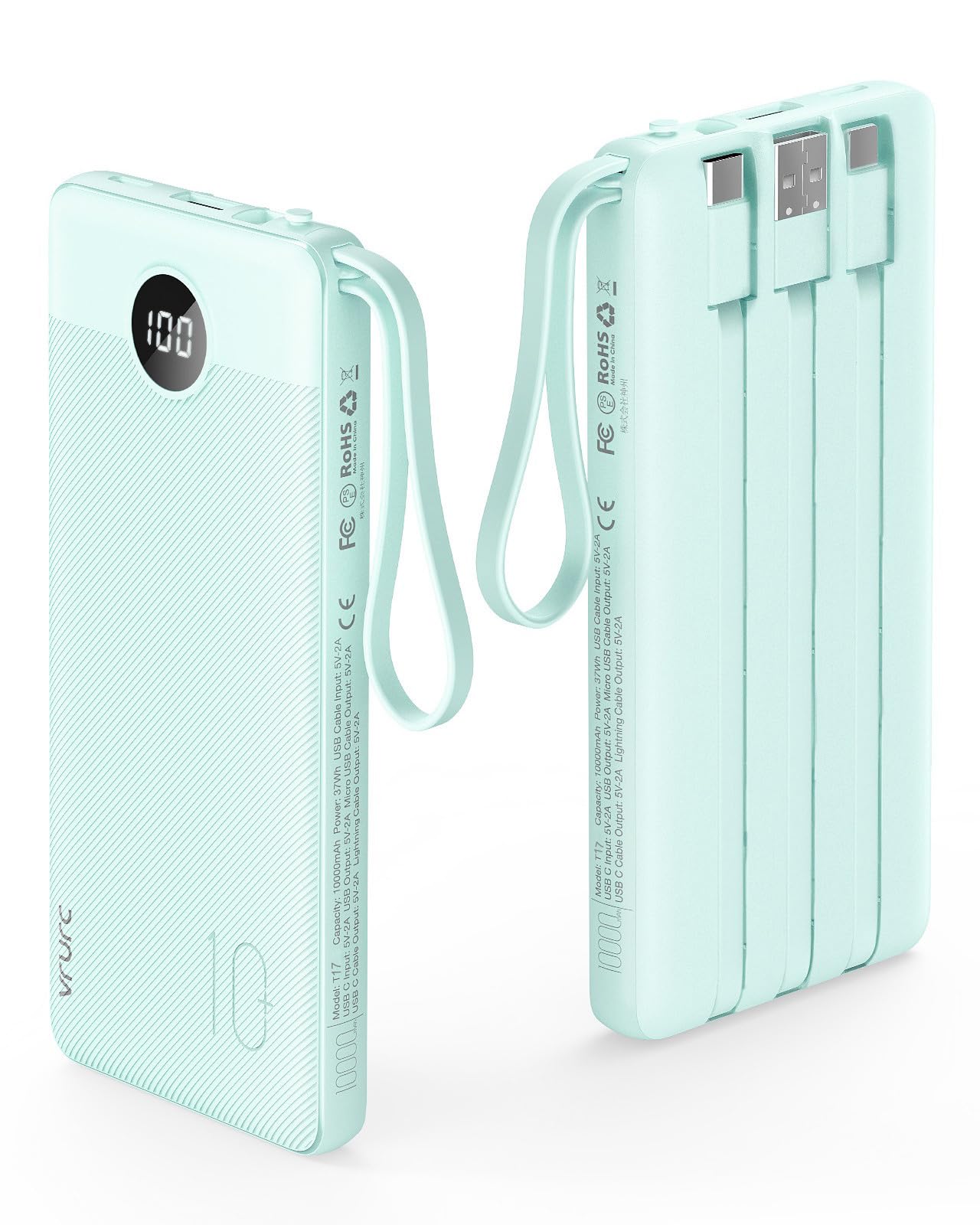 VRURC Portable Charger with Cables for iPhone, 22.5W Fast Charging USB C Power Bank 10000mAh, Compact Cell Phone Battery Pack with Cords for iPhone 17 16 15 14 13,Samsung Galaxy-Green(1 Pack)