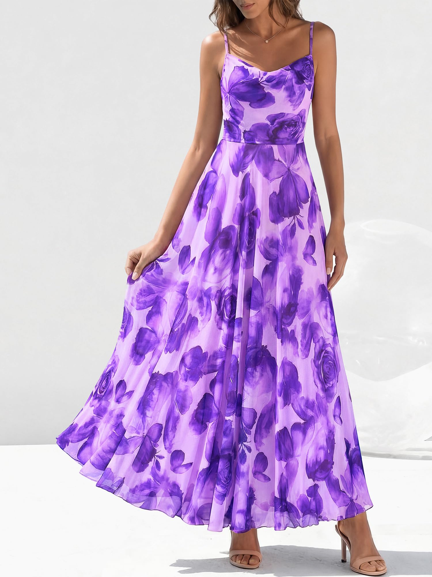 BTFBM Women Summer Floral Maxi Dresses Elegant Spaghetti Strap Dress Printed Party Dress Beach Long Dresses(Green Big Floral,X-Large)