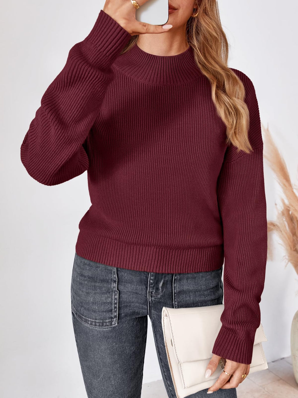 LILLUSORY Womens Turtleneck Mock Cropped Sweaters Winter Cute Oversized Knit Trendy Tops Fashion Long Sleeve Fall Clothes Wine S