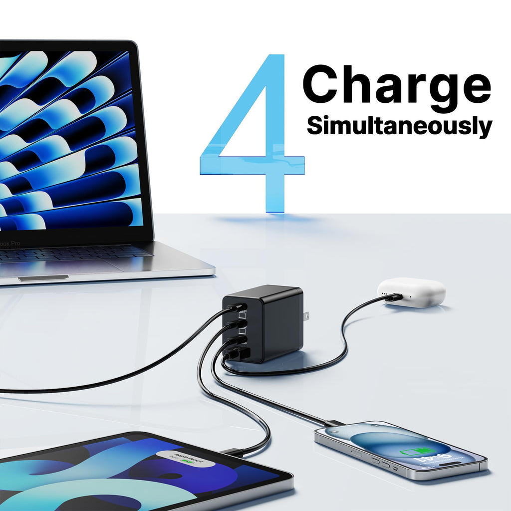 200W USB C Charger Block, Foldable 4-Port GaN5 Super Fast Charger USB C, Dual 65W Type C Charging Block, Laptop Fast Charging Adapter for MacBook Pro/Air, iPad, iPhone, Samsung Galaxy Black