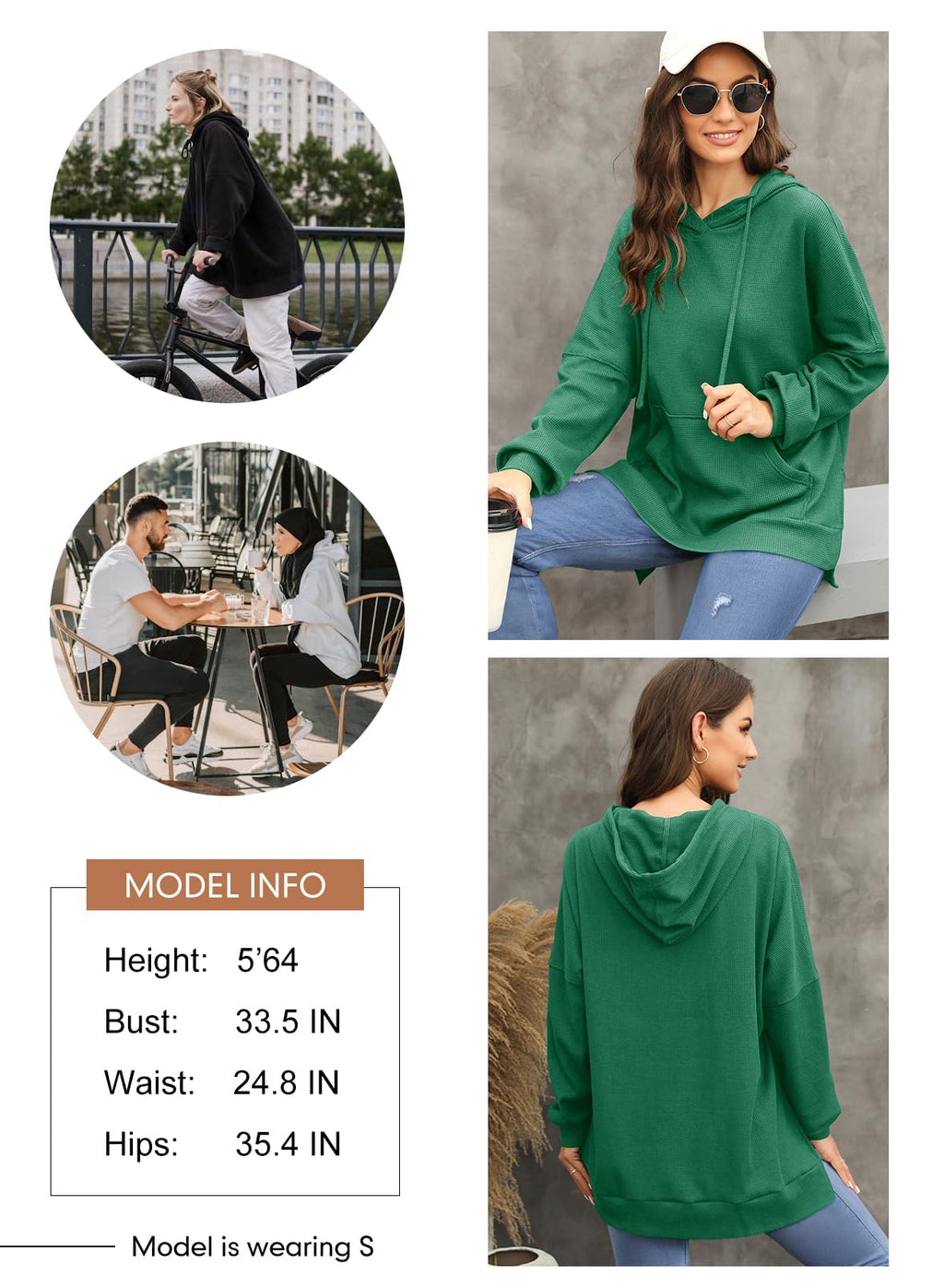Dokotoo Womens Long Sleeve Sweatshirts Loose Fit Waffle Knit Hoodies for Women Trendy Oversized Fall Winter Clothes for Women 2025 Pullover Sweatshirt Solid Hoodie Tops Green Small