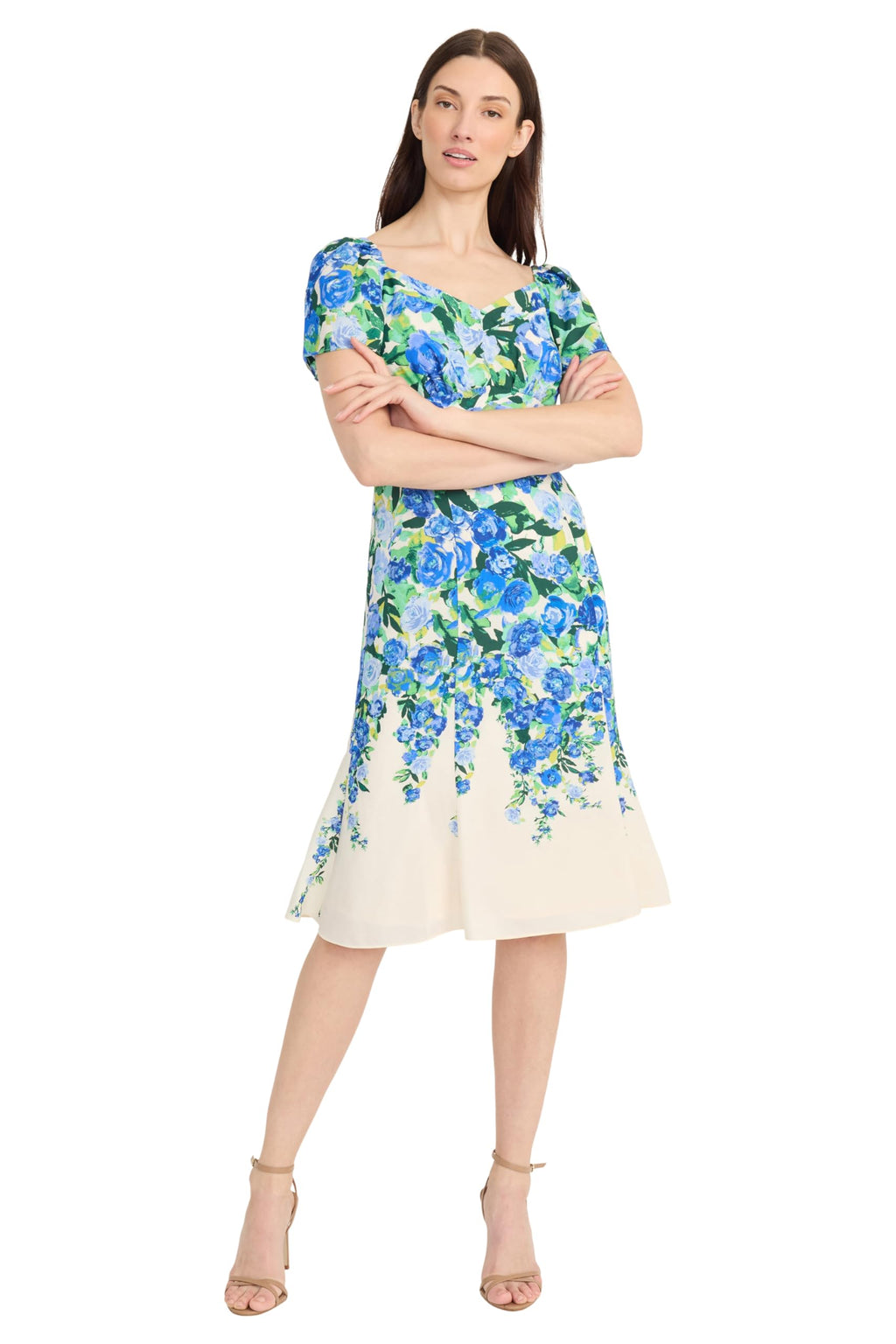 Maggy London Women's Dresses Sweetheart Neckline Floral Dress | Pretty Garden Dresses | Wedding Guest Dresses for Women, Cream/Blue Bonnet, 0