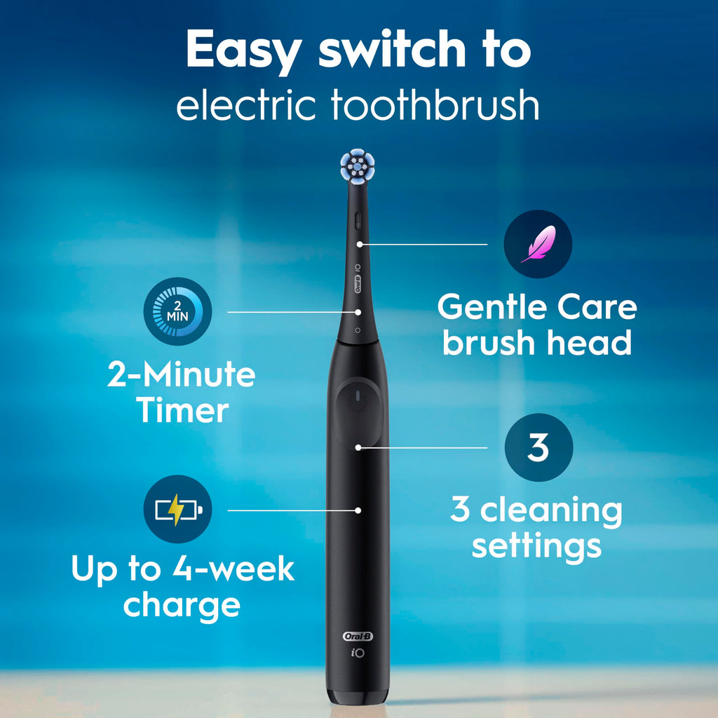 Oral-B iO Simple Clean Rechargeable Electric Powered Toothbrush, Night Black with 1 Gentle Care Brush Head and 1 Black Travel Case - Automatic Pressure Sensor to Protect Gums - 3 Modes - 2 Min Timer