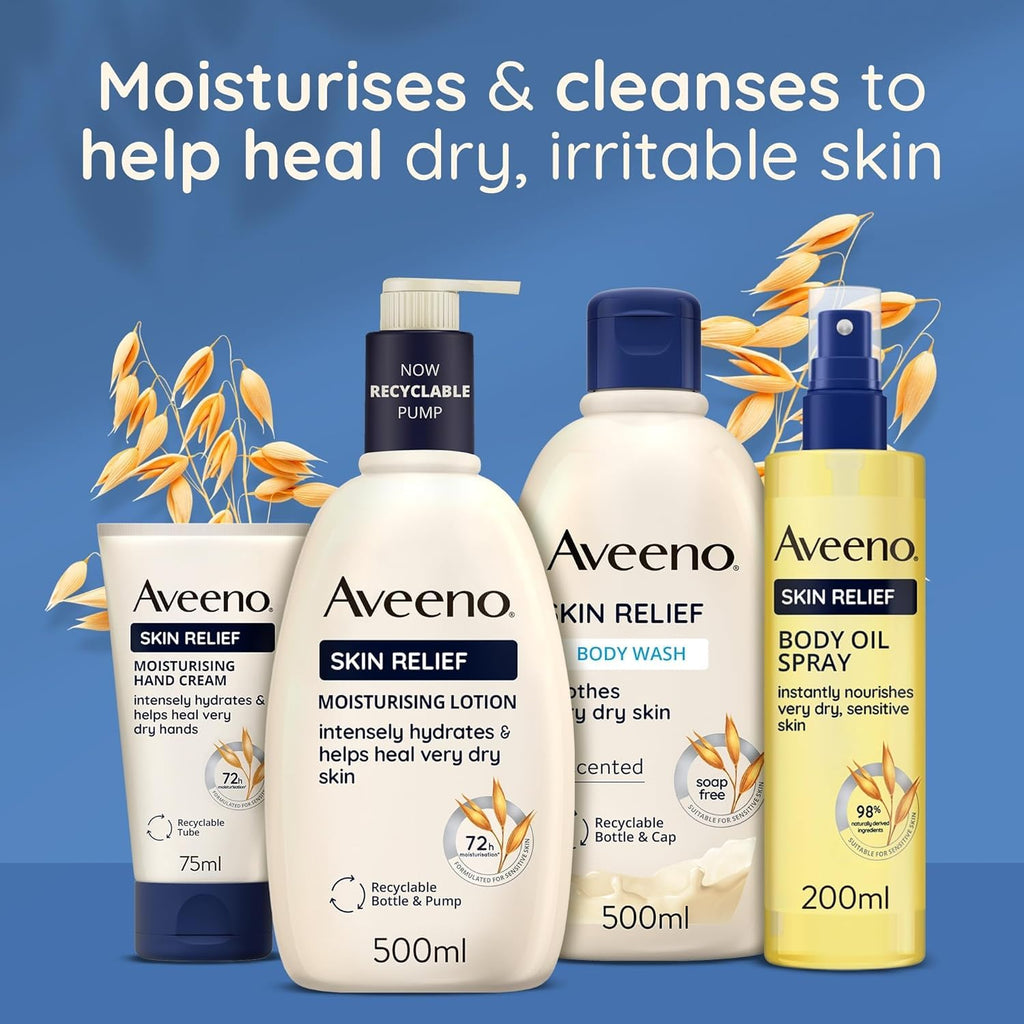 Aveeno Skin Relief Moisturising Lotion, With Soothing Triple Oat Complex & Shea Butter, Suitable For Sensitive Skin, 72-Hour Intense Hydration, Helps Relieve Very Dry and Tight Skin, Unscented, 500ml