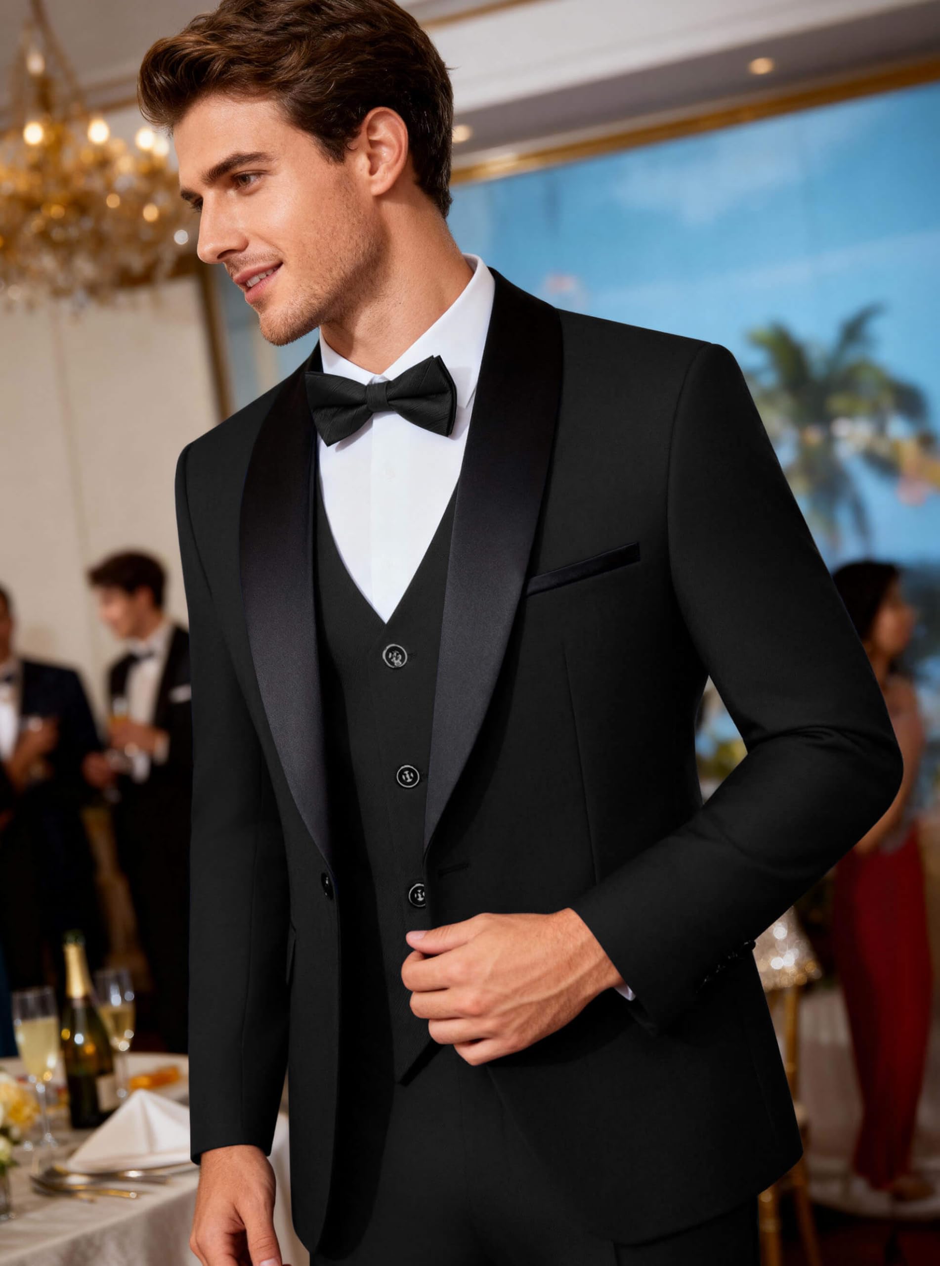 WULFUL Men's 3 Piece Suits Slim Fit Tuxedo Suit Set One Button Shawl Lapel Blazer Jacket Vest Pants Set for Prom, Business Black