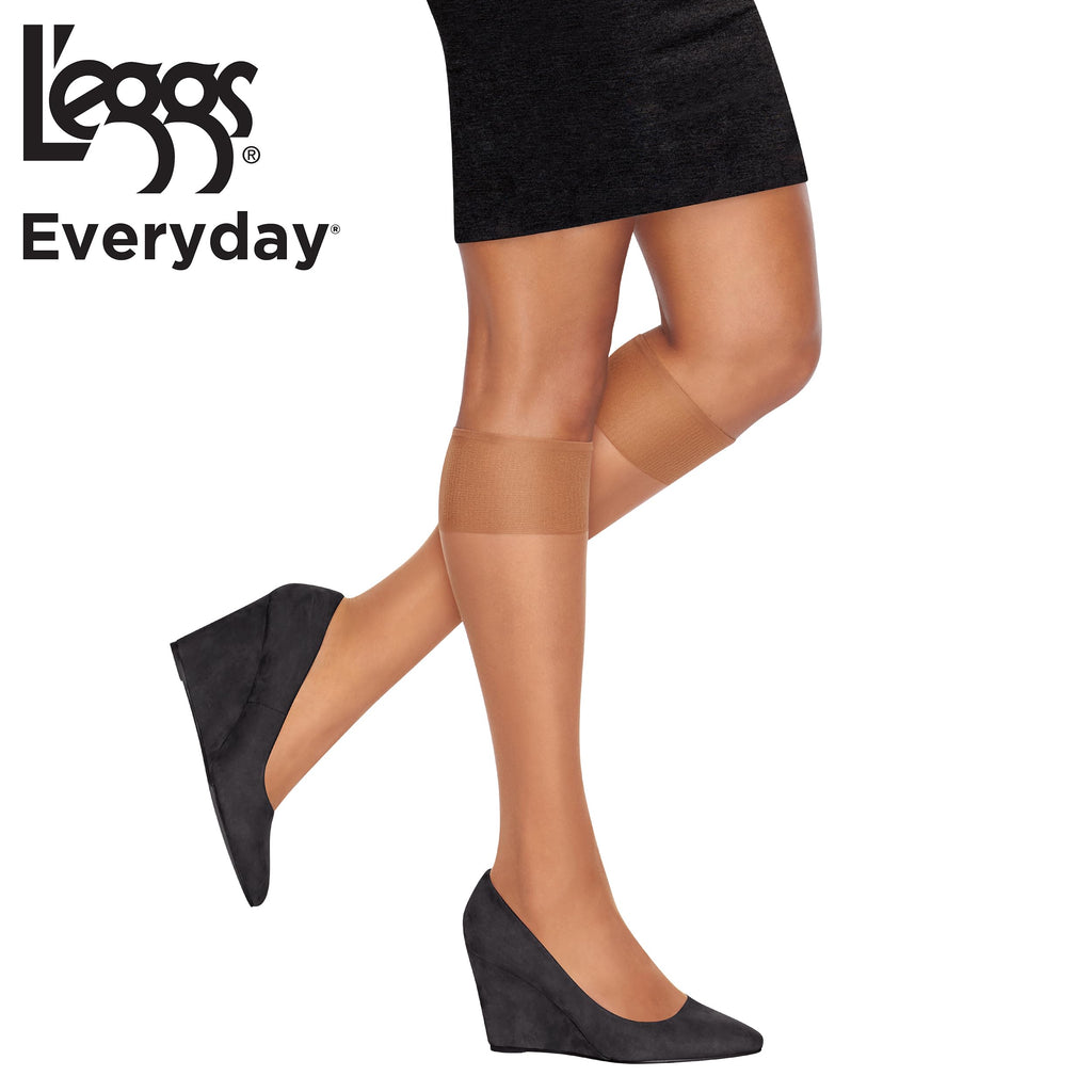 L'eggs Everyday Knee High Stockings, Reinforced Toe, 100% Nylon, Nude, One Size (Pack of 10)