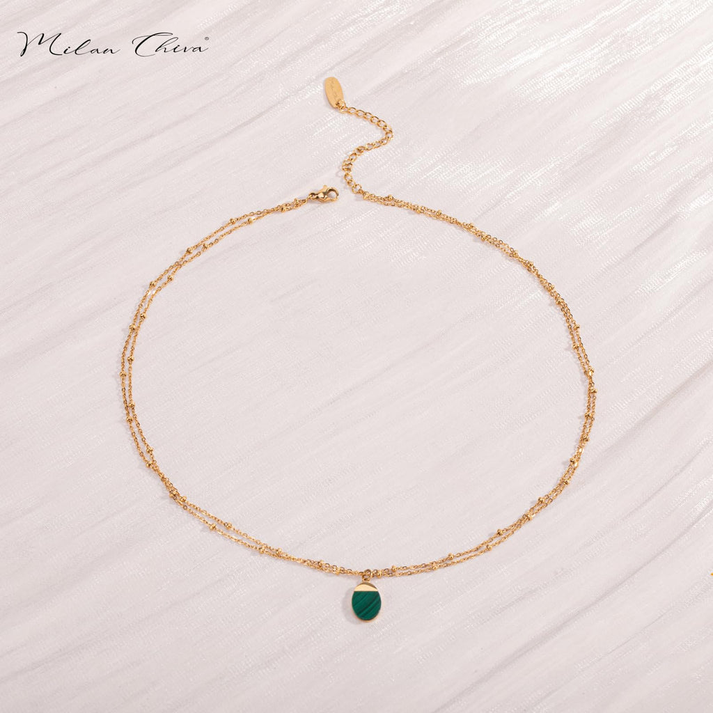 Milan Chiva 14K Gold Plated Green Malachite Layered Stacked Necklace for Women, Dainty Trendy Non Tarnish Oval Pendant Charm Necklaces Fashion Jewelry for Women Waterproof MNS-1009GN