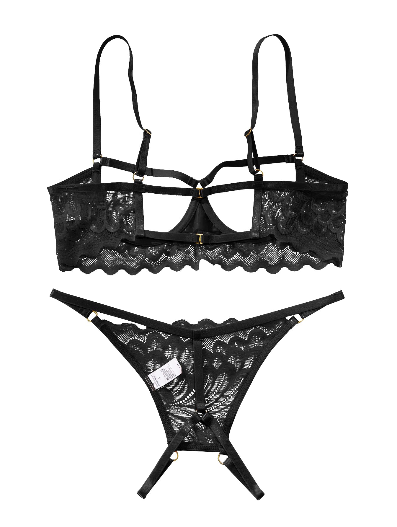 Lilosy Petite Women's Sexy Underwire Floral Lace Sheer Bachelorette Lingerie Set See Through Bra and Panty 2 Piece Black XXX-Small