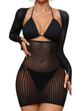 Lilosy Sexy Crochet Sheer Long Sleeve Cover Up Swim Bathing Suit Beach Dress One Piece See Through Women Swimwear Dark Fishnet Black Medium