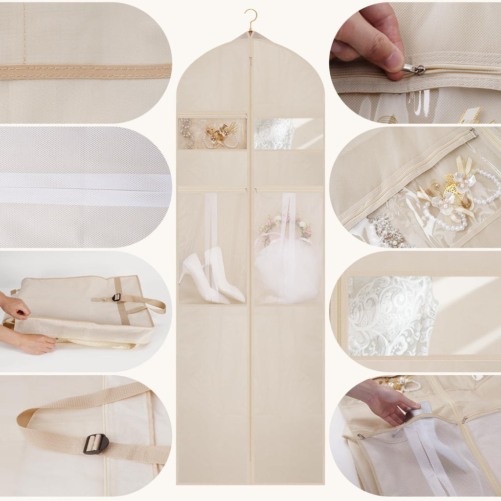 TANGKA Wedding Dress Garment Bag,72’ Tri-Fold Bridal Gown Bag with 6 Pouches and Adjustable Buckle Gown Cover for Wedding/Prom/Travel/Closet Storage (Beige)