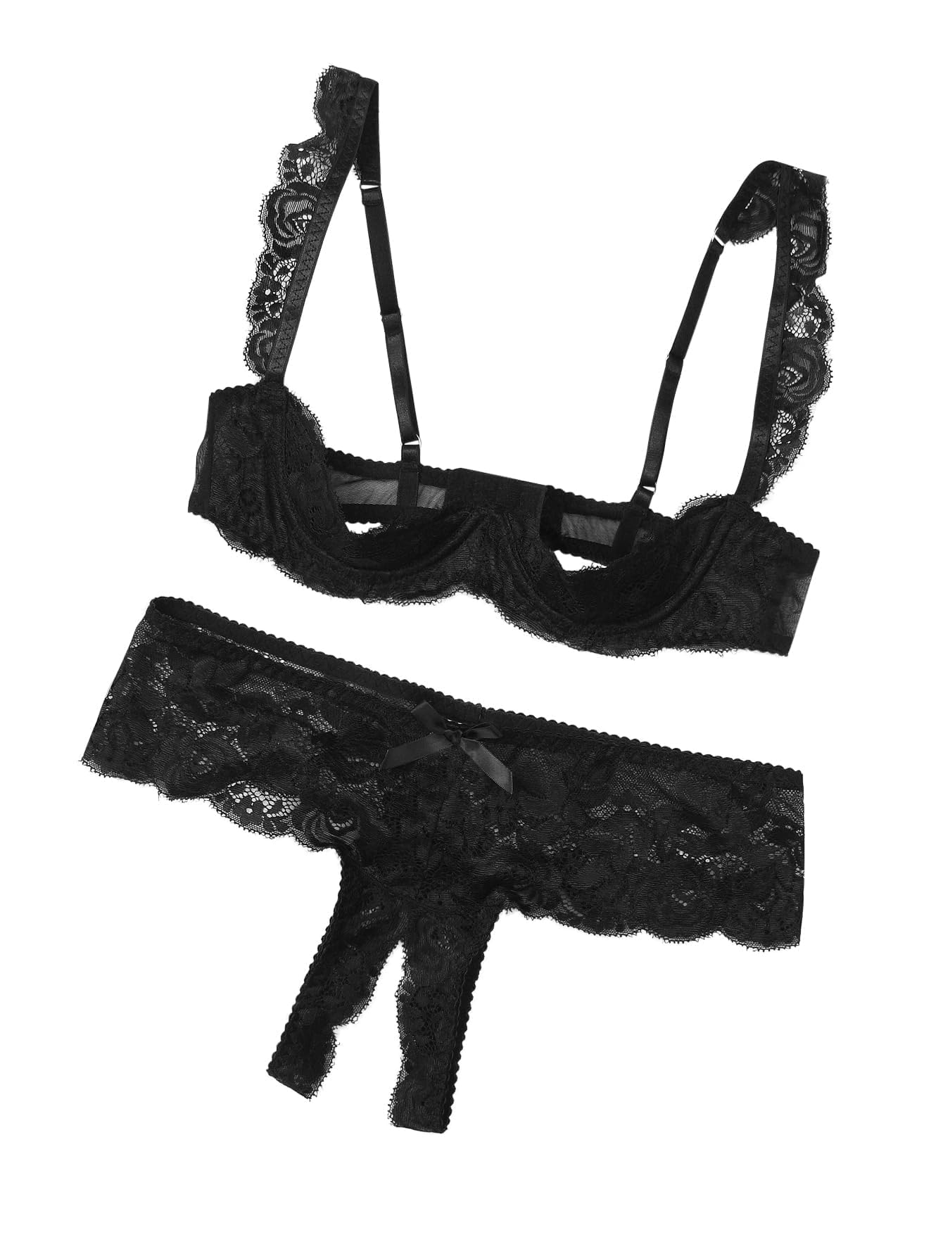 Lilosy Petite Underwire Floral Lace Lingerie Set for Women Bra and Panty 2 Piece Push Up Black 3X-Small