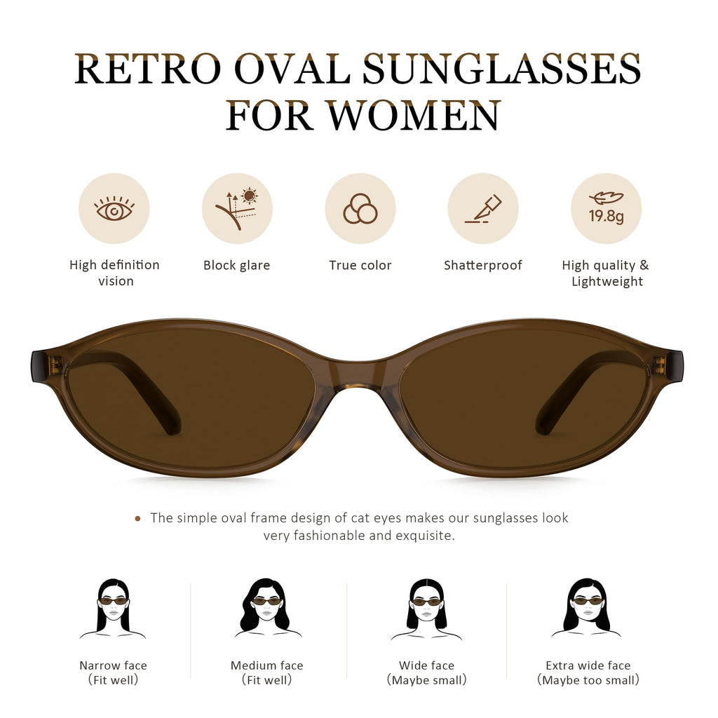 phikttu Sunglasses Womens Retro Oval Sunglasses for Women - Cat Eye 90s Glasses Y2K UV400 Lightweight Narrow Shades