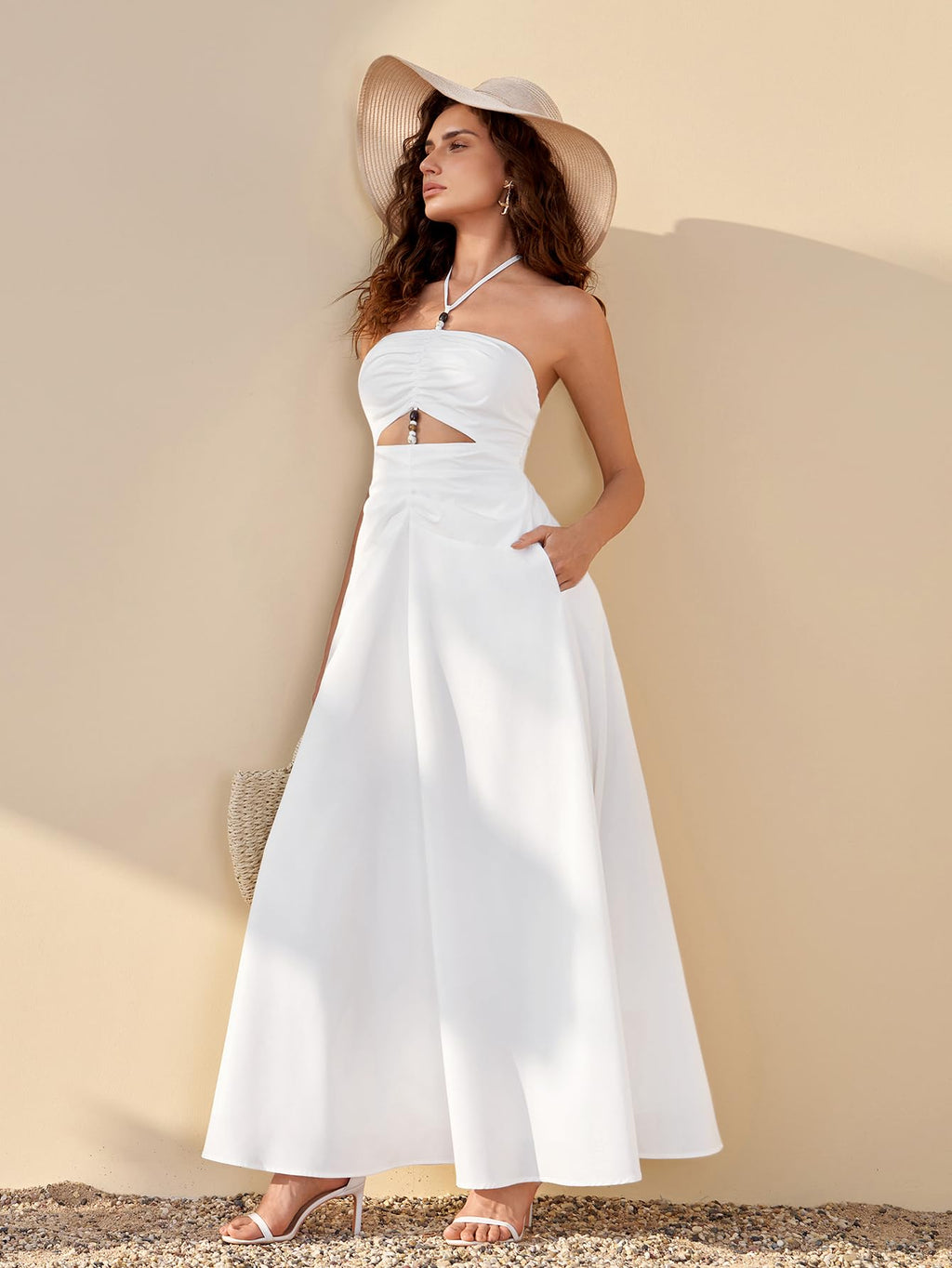 HTZMO Women Floral Maxi Sundress Beads Boho Summer Halter Tie Cut Out Beach Vacation Casual Long Dresses with Pockets White L