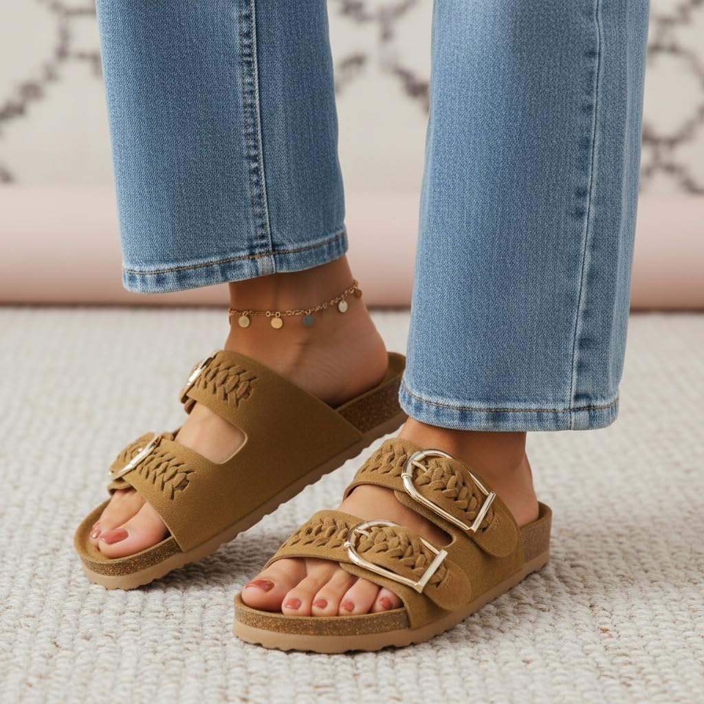CUSHIONAIRE Cashew Slip On Womens Sandals, Genuine Suede Leather Braided Double Strap Slide On Sandals with Adjustable Big Buckle for Women 2026, Chestnut 8
