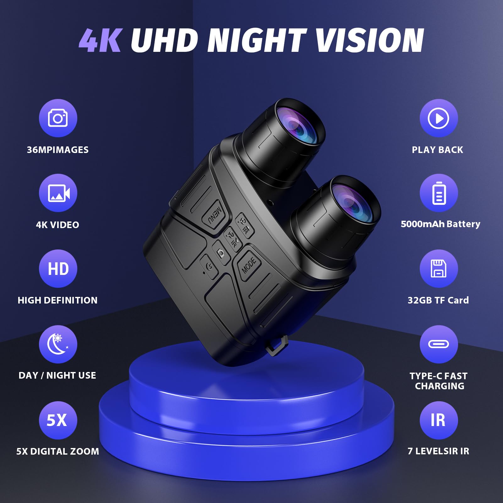 HEXEUM Night Vision Goggles, 4K Night Vision Binoculars for Adults with 5000mAh Battery, 3" HD Screen & 32GB Card for Hunting, Wildlife Observation, Security