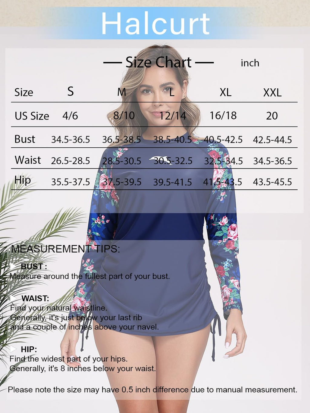 Halcurt Women's Long Sleeve Rash Guard Swim Shirt with Tie Drawstring UPF 50+ Sun Protection Swimsuit Top Navy Red Rose M
