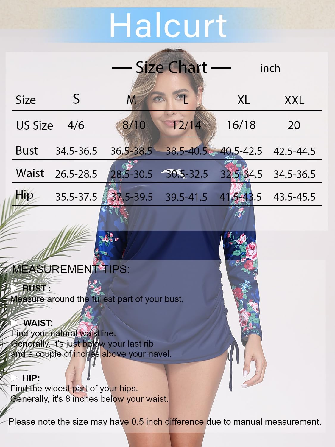 Halcurt Women's Long Sleeve Rash Guard Swim Shirt with Tie Drawstring UPF 50+ Sun Protection Swimsuit Top Navy Red Rose M
