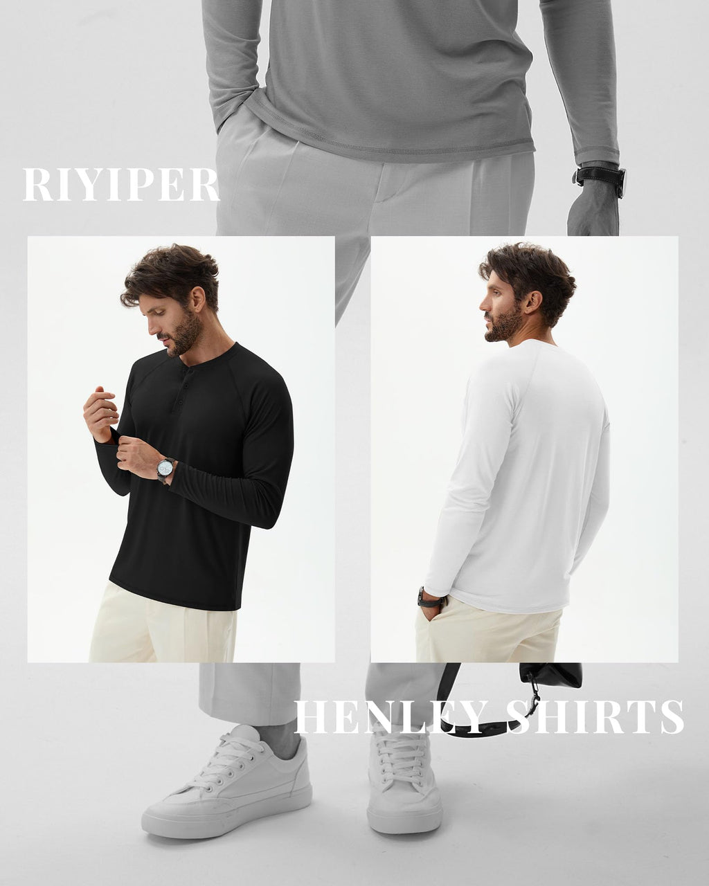Riyiper 3 Pack Men's Big and Tall Henley Shirts Long Sleeve L-5XL Raglan Loose Casual Stretchy Tops Fall Basic Tee(Black, Gray, White,4X-Large)
