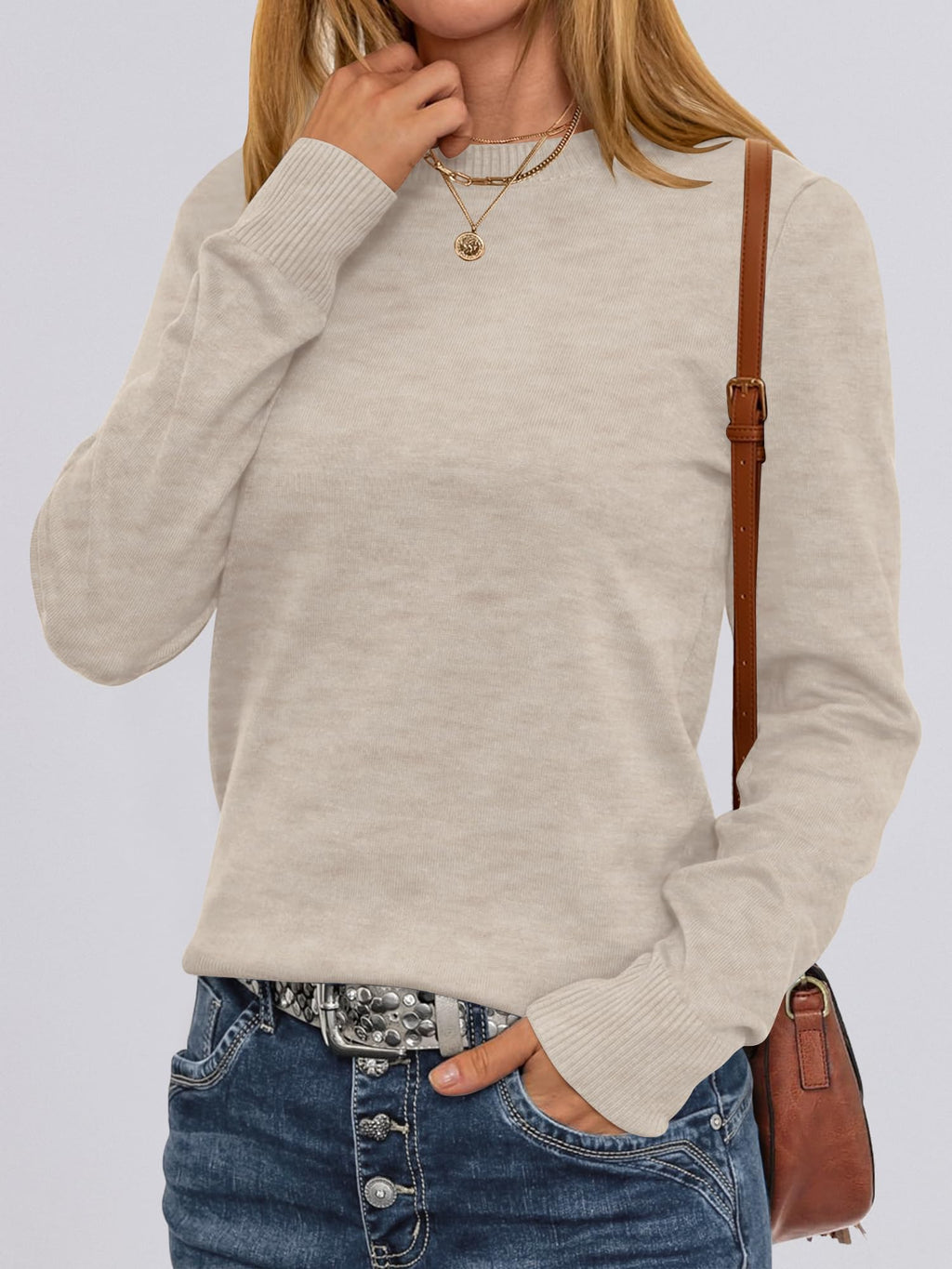 ANRABESS Sweaters for Women Long Sleeve Lightweight Crewneck Soft Basic Knit Loose Fit Pullover Top 2025 Fall Trendy Outfits Almond Small