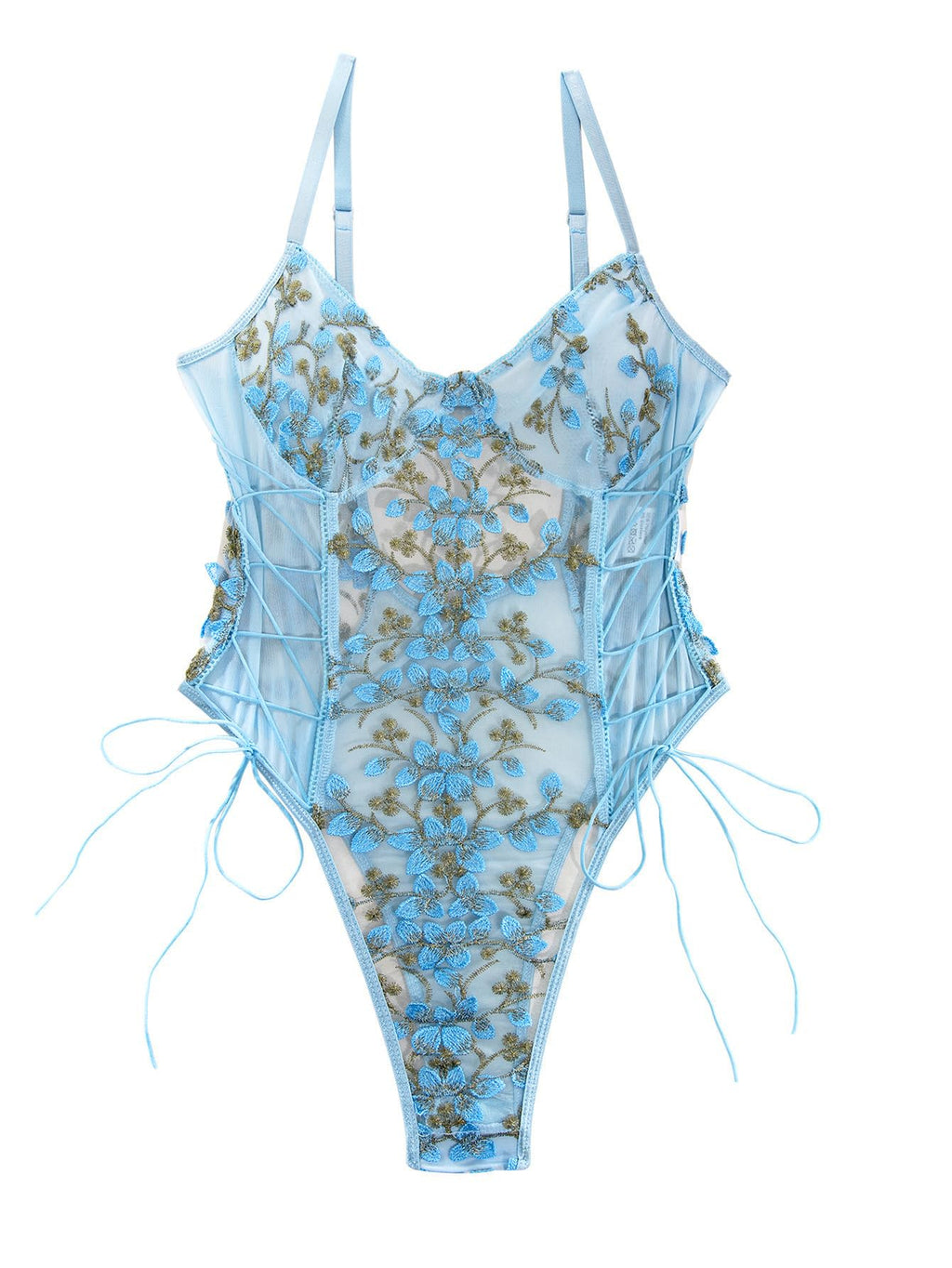 Lilosy Women Sexy Lace Up Floral Embroidered Teddy Babydoll Lingerie Bodysuit Top Mesh Sheer One Piece See Through Light Blue Medium