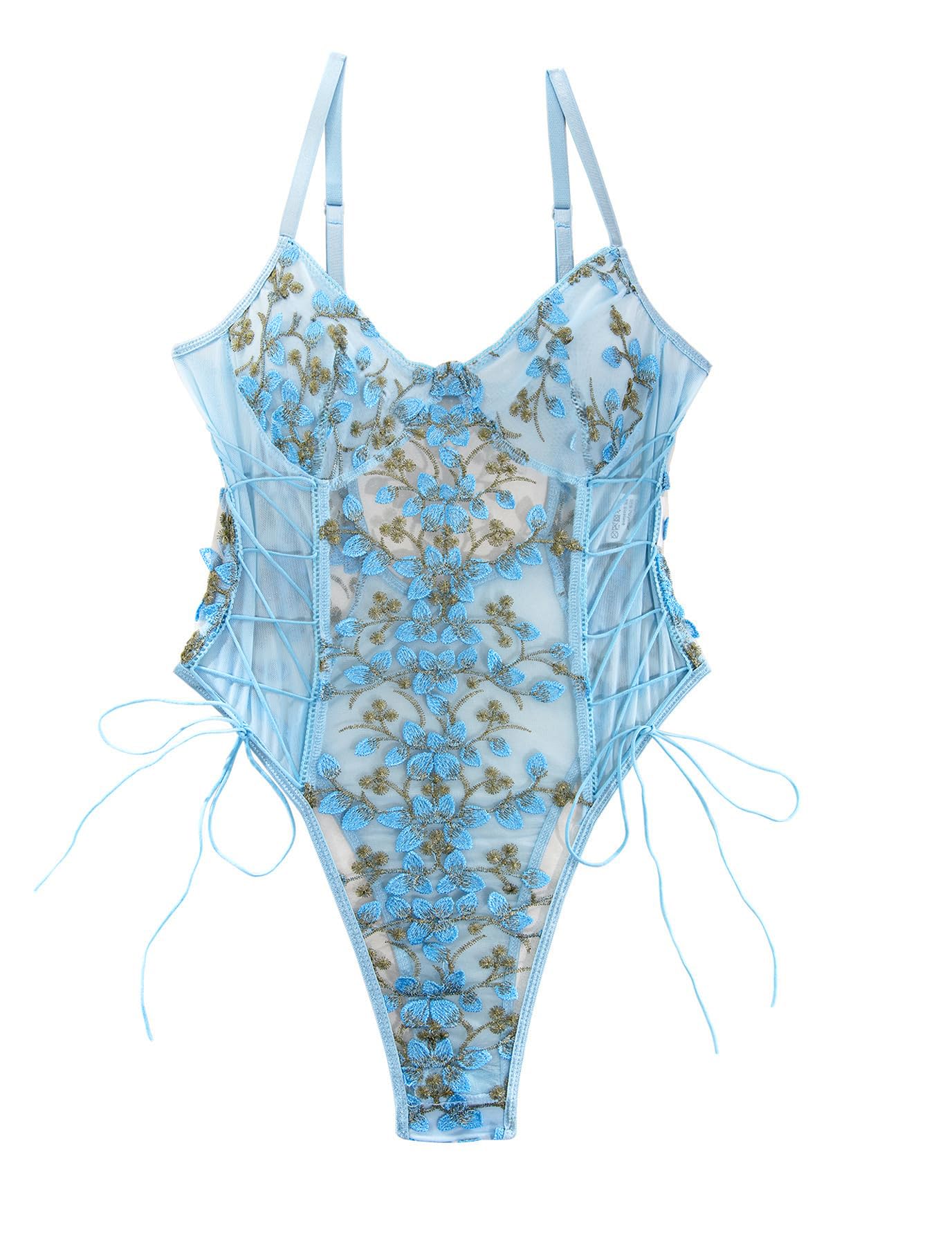 Lilosy Women Sexy Lace Up Floral Embroidered Teddy Babydoll Lingerie Bodysuit Top Mesh Sheer One Piece See Through Light Blue Medium