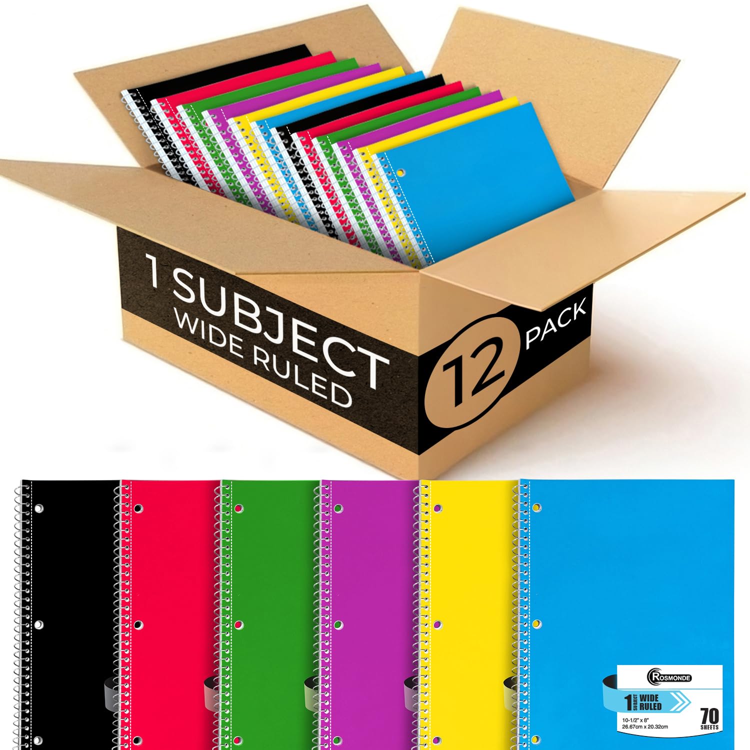 Rosmonde 12 Pack Spiral Notebooks, 1 Subject Notebook, Wide Ruled, Assorted