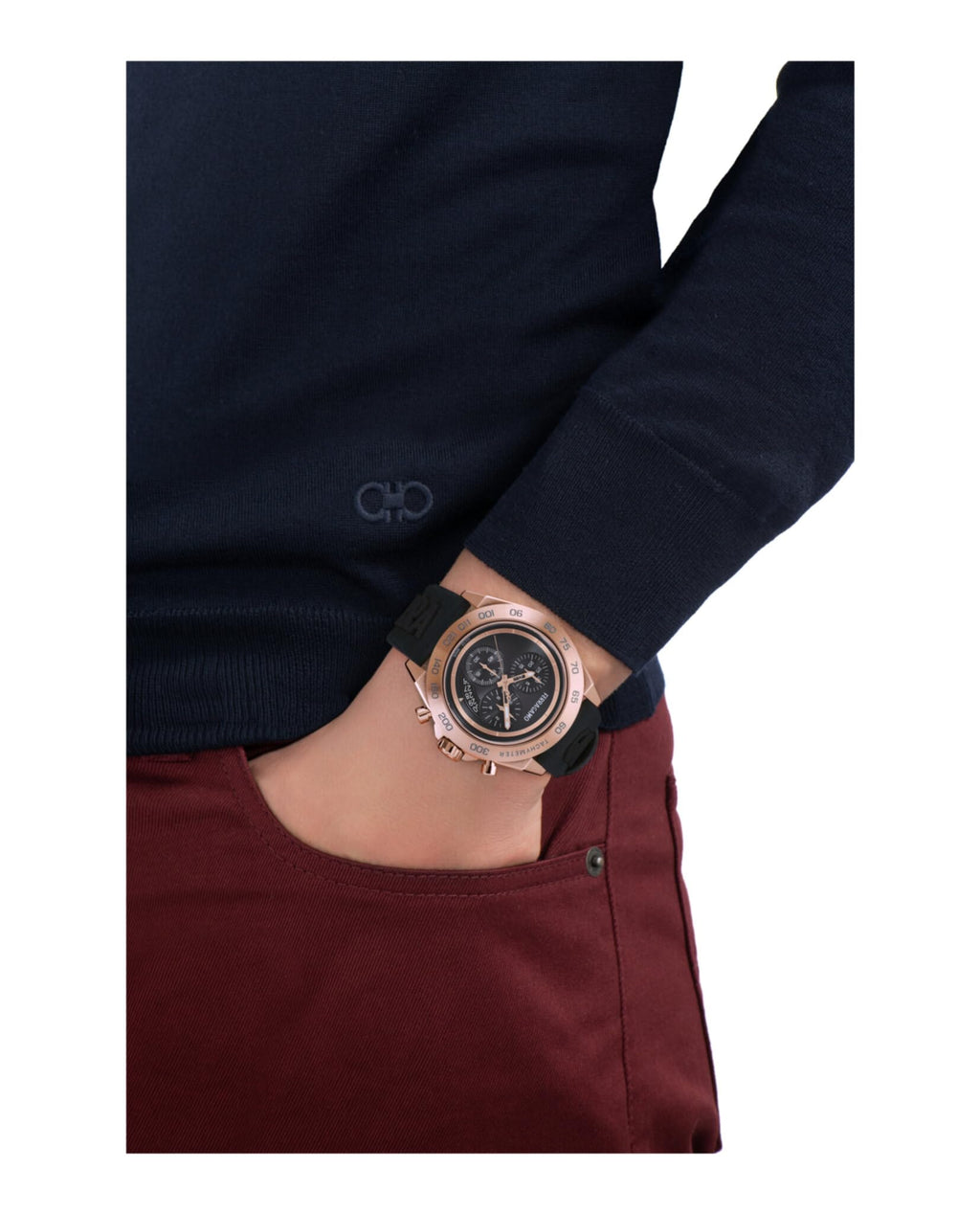 Ferragamo Urban Chrono Collection Luxury Mens Watch Timepieces with a Black Strap and Dial Featuring a Rose Gold Case
