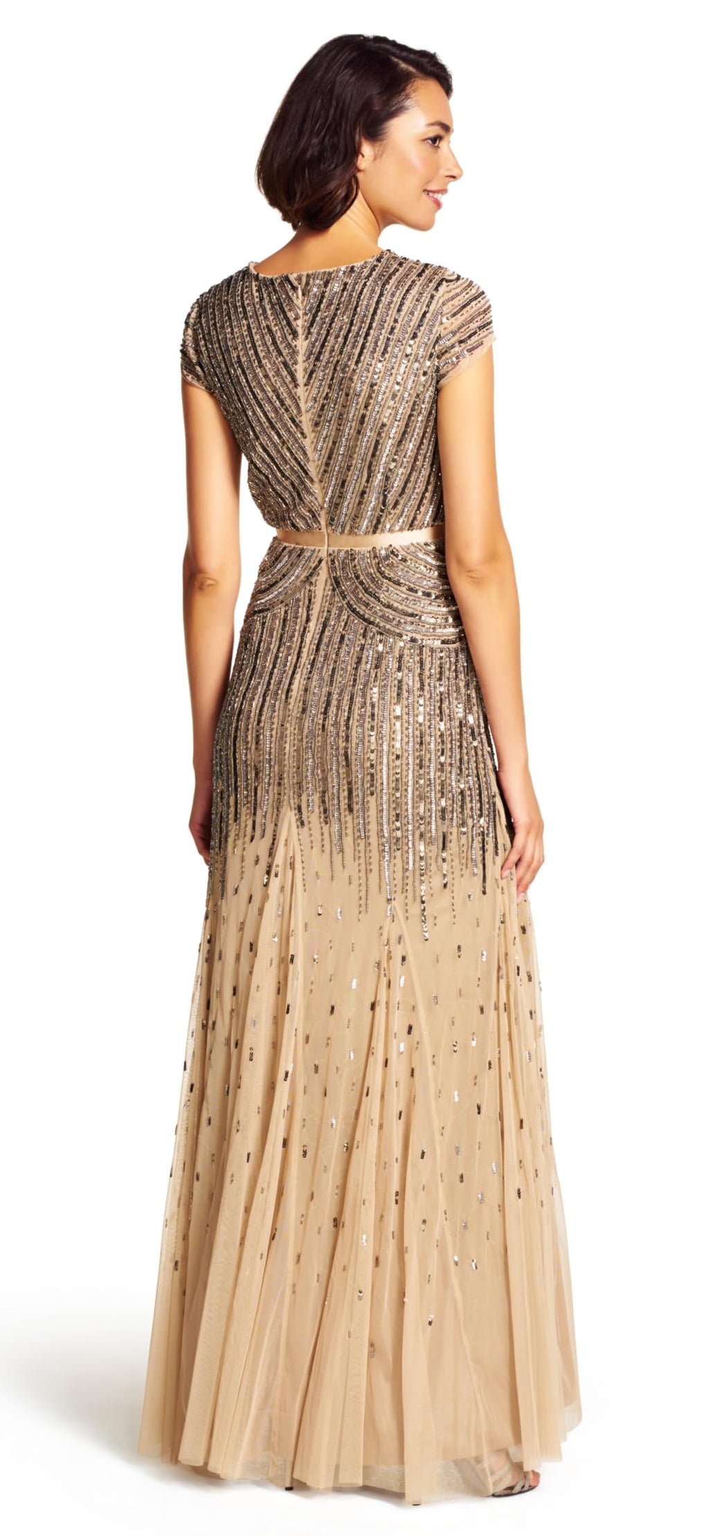 Adrianna Papell Women's Long Beaded V-Neck Dress with Cap Sleeves and Waistband, Nude, 4