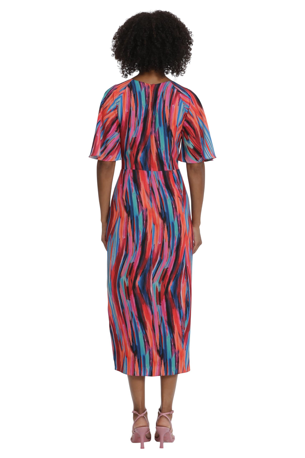 Maggy London Women's Dresses Short Flutter Sleeve Faux Wrap Midi Dress