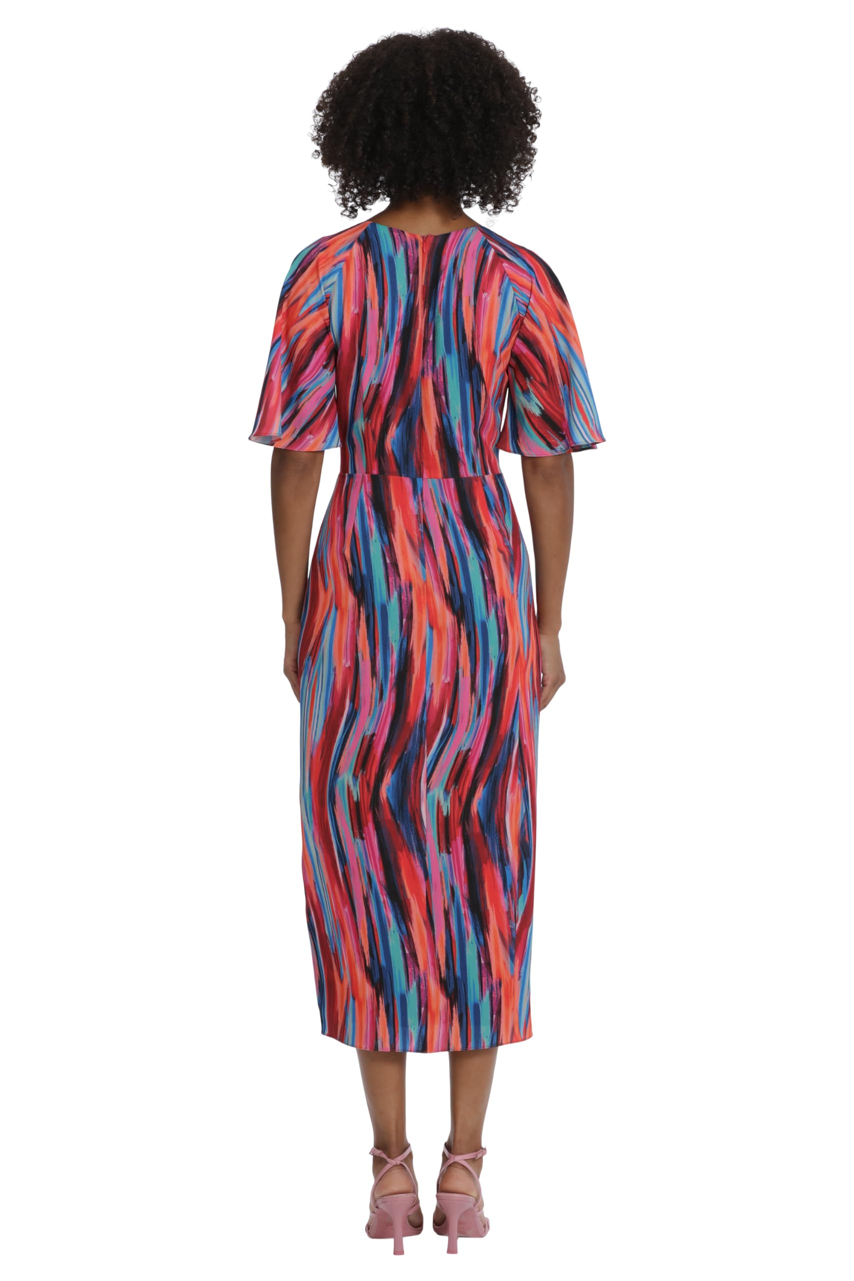 Maggy London Women's Dresses Short Flutter Sleeve Faux Wrap Midi Dress
