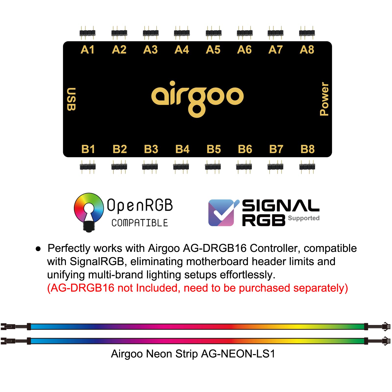 airgoo Addressable RGB PC LED Strip, AG-NEON-LS1 Diffused Silicon Rubber Tube Neon Strip, for 5V 3-pin argb Header or AG-DRGB16 SignalRGB Controller(Not Included), Come with Magnetic Brackets