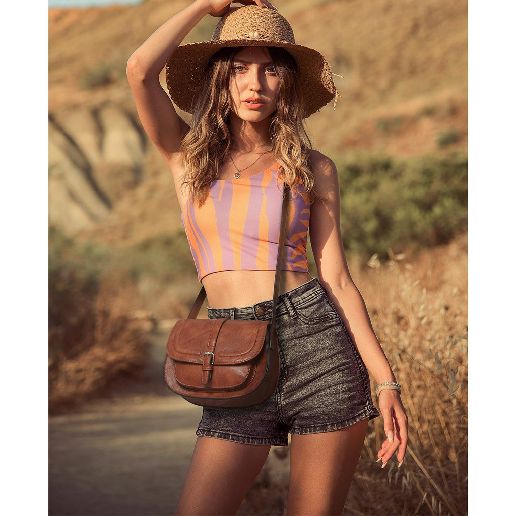 AFKOMST Crossbody Bags for Women,Small Saddle Purse and Boho Cross Body Handbags,Vegan Leather, Brown