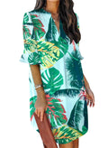 QACOHU Women's V-Neck Ruffle Short Sleeve Simple Summer New Dress Floral Print Shift Dresses Green Leaf L