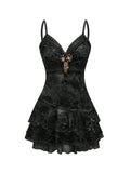 Verdusa Women's Y2k Outfits Gothic Dresses Vintage Boho Beaded Ruffle Lace Paisley Print Tiered Mini Summer Dress Black Medium