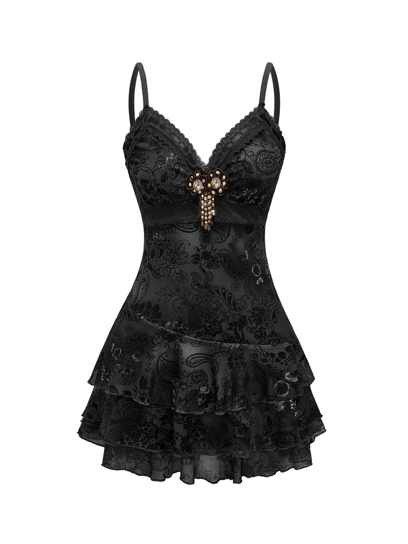 Verdusa Women's Y2k Outfits Gothic Dresses Vintage Boho Beaded Ruffle Lace Paisley Print Tiered Mini Summer Dress Black Medium