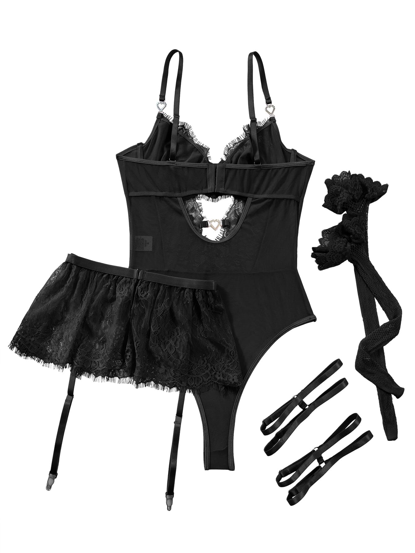 Lilosy Petite Sexy Stocking Rhinestones Heart Garter Underwire Floral Mesh lace Sheer Babydoll Lingerie Teddy Bodysuit Skirt Set Women 2 3 Piece Push Up See Through Black 3X-Small