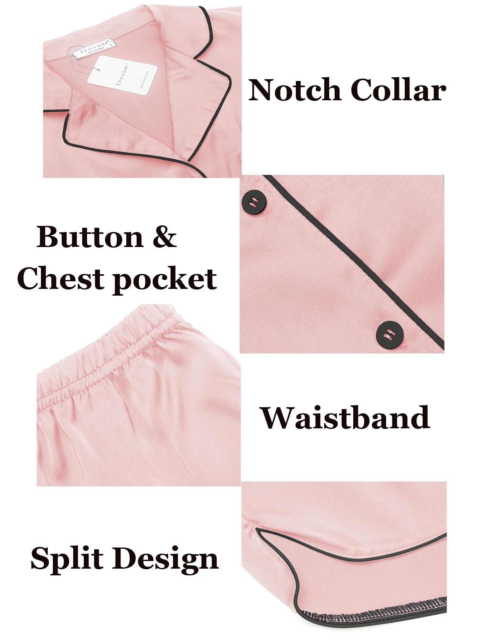Ekouaer Valentines Pajamas for Women Silk Satin Pajamas Set Short Sleeve Sleepwear Button Down Loungewear 2 Piece Pjs Shorts Set Dark Pink XX-Large