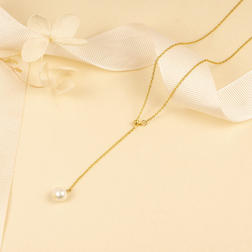 Single Natural-Pearl Y-Shape Adjustable Choker Necklace - Rose Gold / 18K Gold / White Gold Plated Ladies 1MM Tiny Chain Dainty Drop Dangle Pearl Necklace, Wedding Valentine Mother day Pearl Jewelry Gifts for Women. (18K Gold)