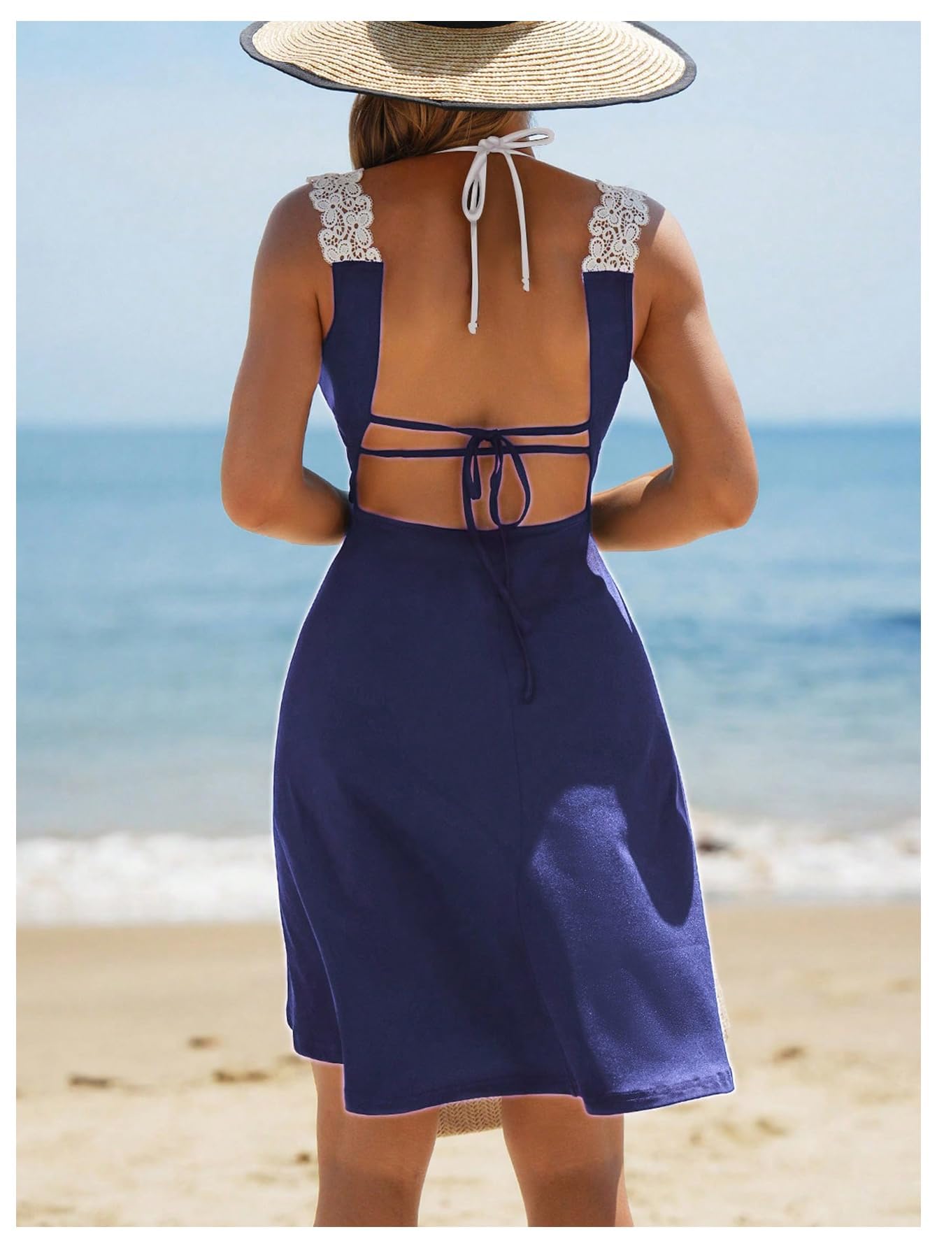 WDIRARA Women's Swimwear Wrap V Neck Criss Cross Tie Backless Cover Up Contrast Lace Sleeveless Halter Beach Dress Plain Deep Blue XX-Large