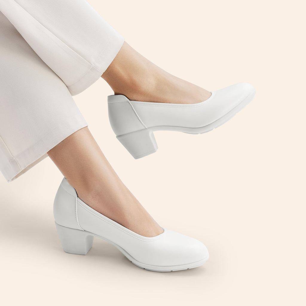 DREAM PAIRS Women's Low Chunky Heels Comfortable Block Work Pumps Closed Round Toe Dress Shoes for Office Business,Size 8,White,DWUMPU2547